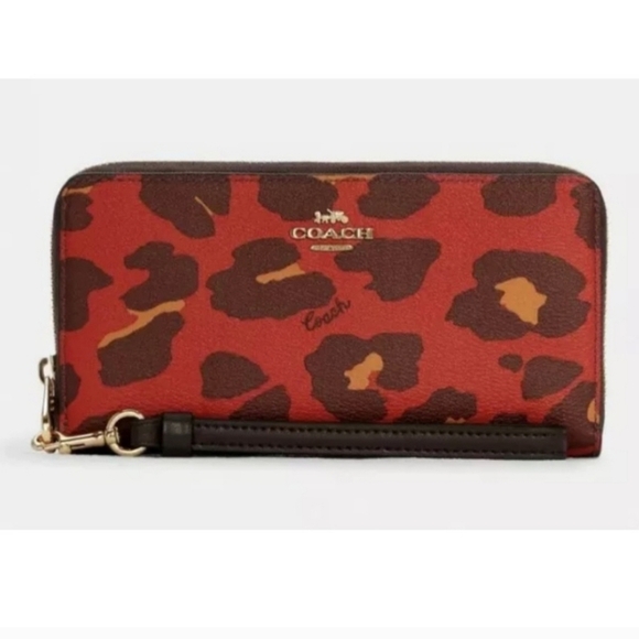 🔹️Coach🔹️ Long Zip Around  bright poppy Leopard Print wallet ✨️ - Picture 1 of 4